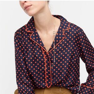 NEW J. Crew Collection Silk-Twill Navy/Orange Polka Dot Popover Blouse Size M